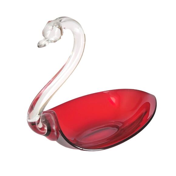 Duncan Miller Swan Candy Nut Dish Ruby Red Glass Trinket Mid Century Mod 1940s - Picture 1 of 9